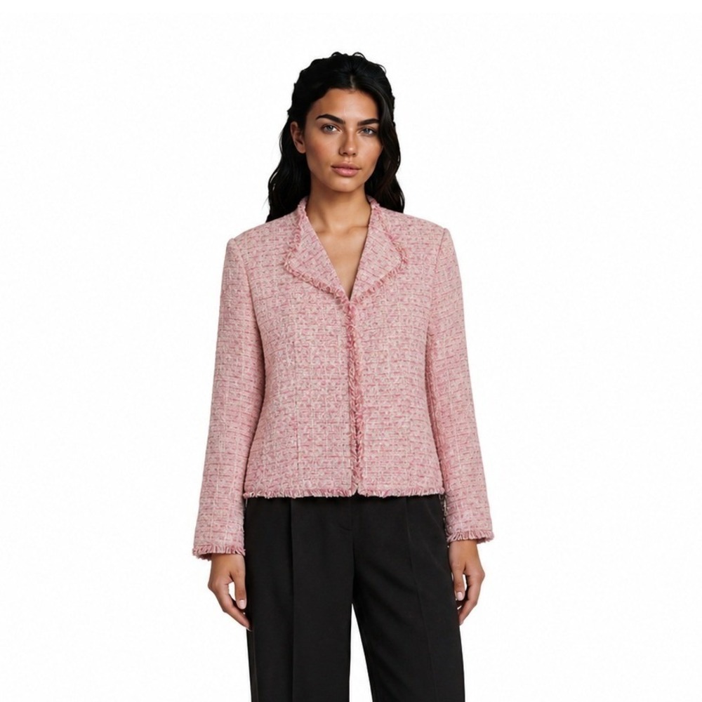 Worthington 100% Silk Tweed Blazer  Jacket Womens Size 12 Pink Fringe Open Front